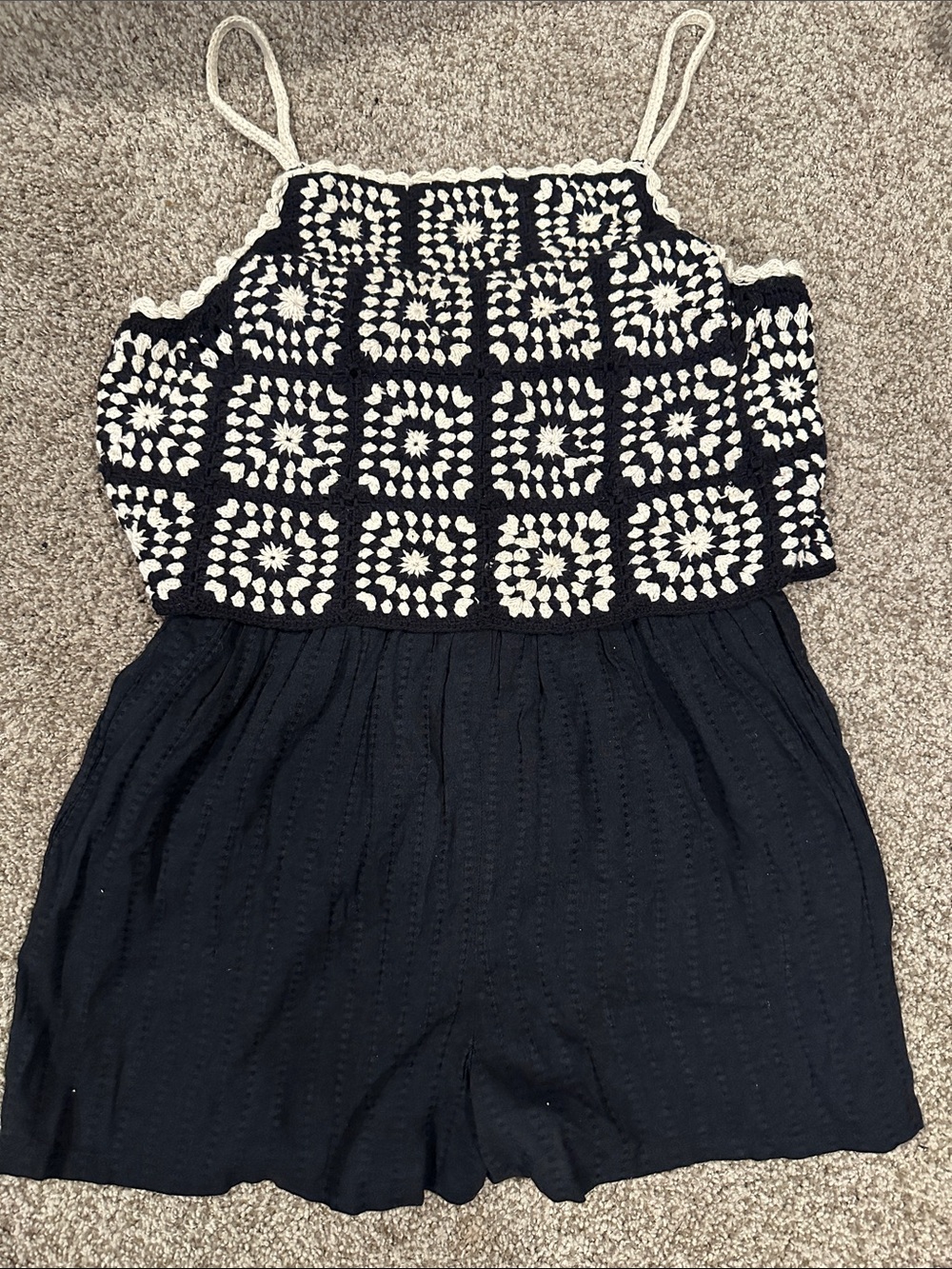 Lucky Brand Crochet Bodice Black Romper with Cream Accents